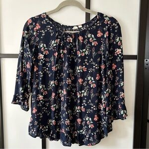 [XS] Gap Navy Blue & Pink Floral Printed Quarter Sleeve Blouse Women’s Spring
